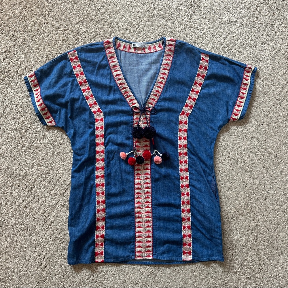 Zara Trafaluc Blue Denim Embroidered Kaftan Cover-Up Dress with Tassel Balls SzS